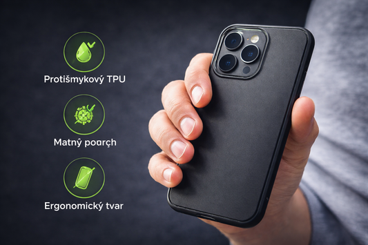 Garacnie protišmyku ikonky na ľavo a kryt s telefefónom na pravo v ruke osoby. Pohľad z boku čierne pozadie