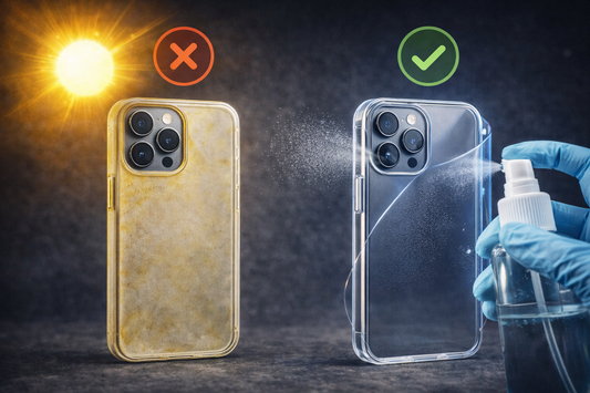 Na ľavo žltý kryt na pravo priesvitný čistý kryt. Pohľad z boku