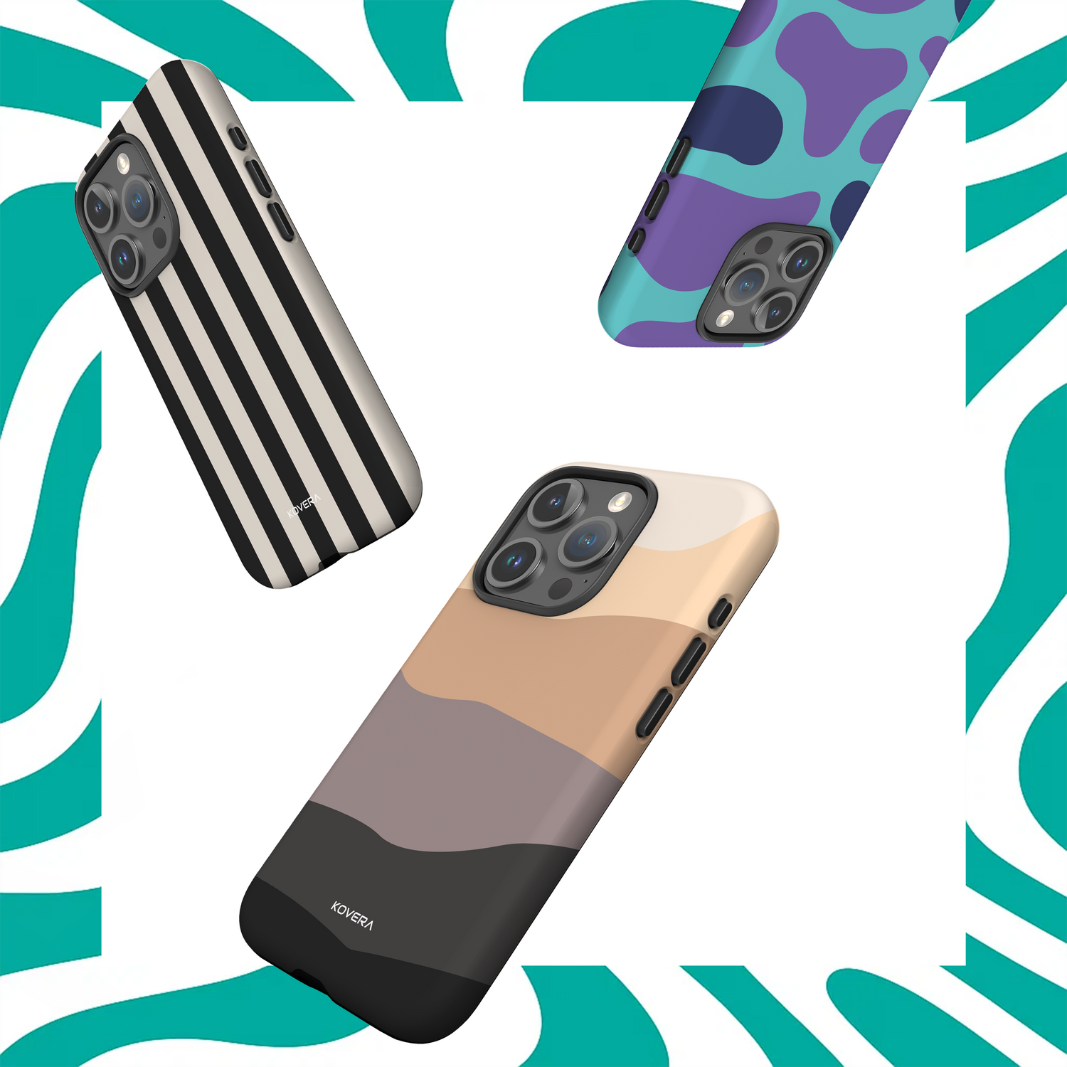 Abstraktné kryty na iPhone od Kovera – dizajnové obaly s modernými geometrickými vzormi a farebnými kombináciami, ochranné puzdrá na mobil