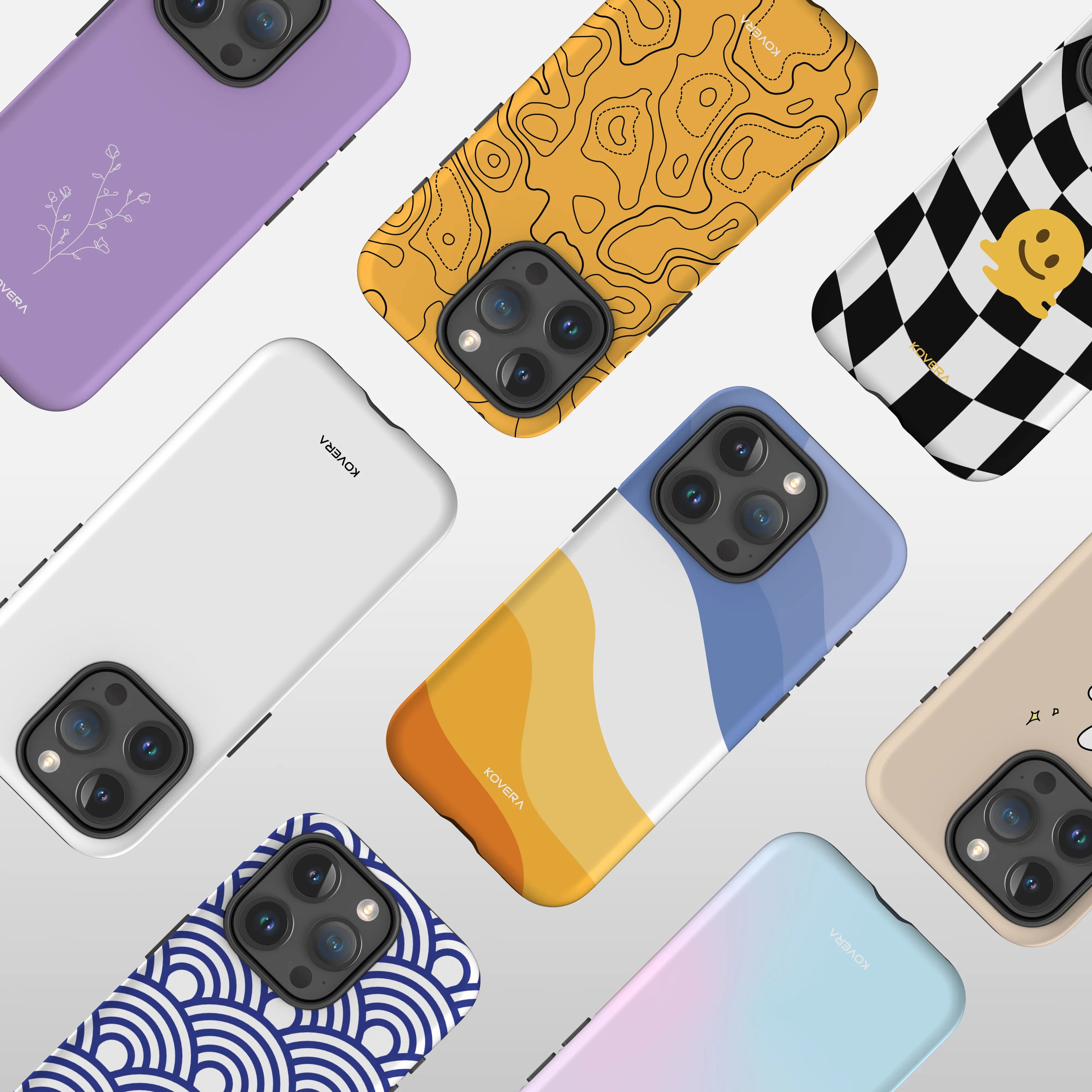 Rôzne ochranné kryty na iPhone značky Kovera s modernými vzormi, geometrické tvary, vlny, šachovnicový vzor a abstraktný dizajn, produktová vizualizácia