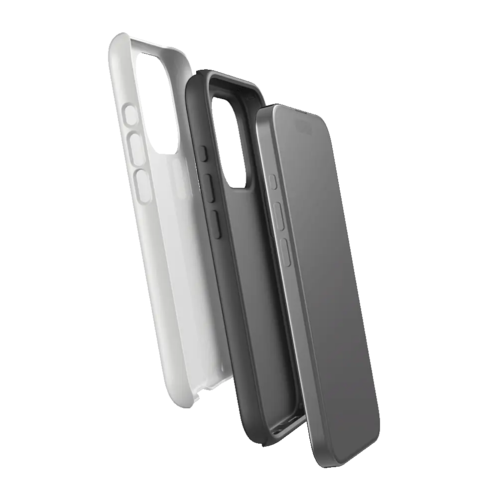 Explodovaný pohľad na ochranný kryt na iPhone, jednotlivé vrstvy puzdra pre ochranu mobilu proti pádom